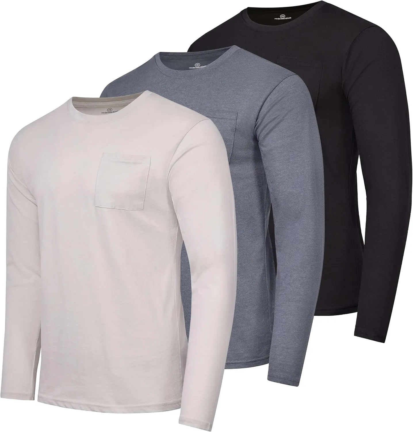 Real Essentials 3 Pack: Men's Cotton Performance Long Sleeve Crew Neck Pocket T-Shirt Athletic Top (Available in Big & Tall)