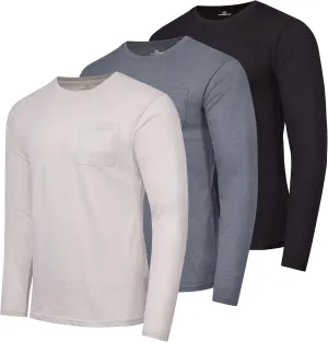 Real Essentials 3 Pack: Men's Cotton Performance Long Sleeve Crew Neck Pocket T-Shirt Athletic Top (Available in Big & Tall)