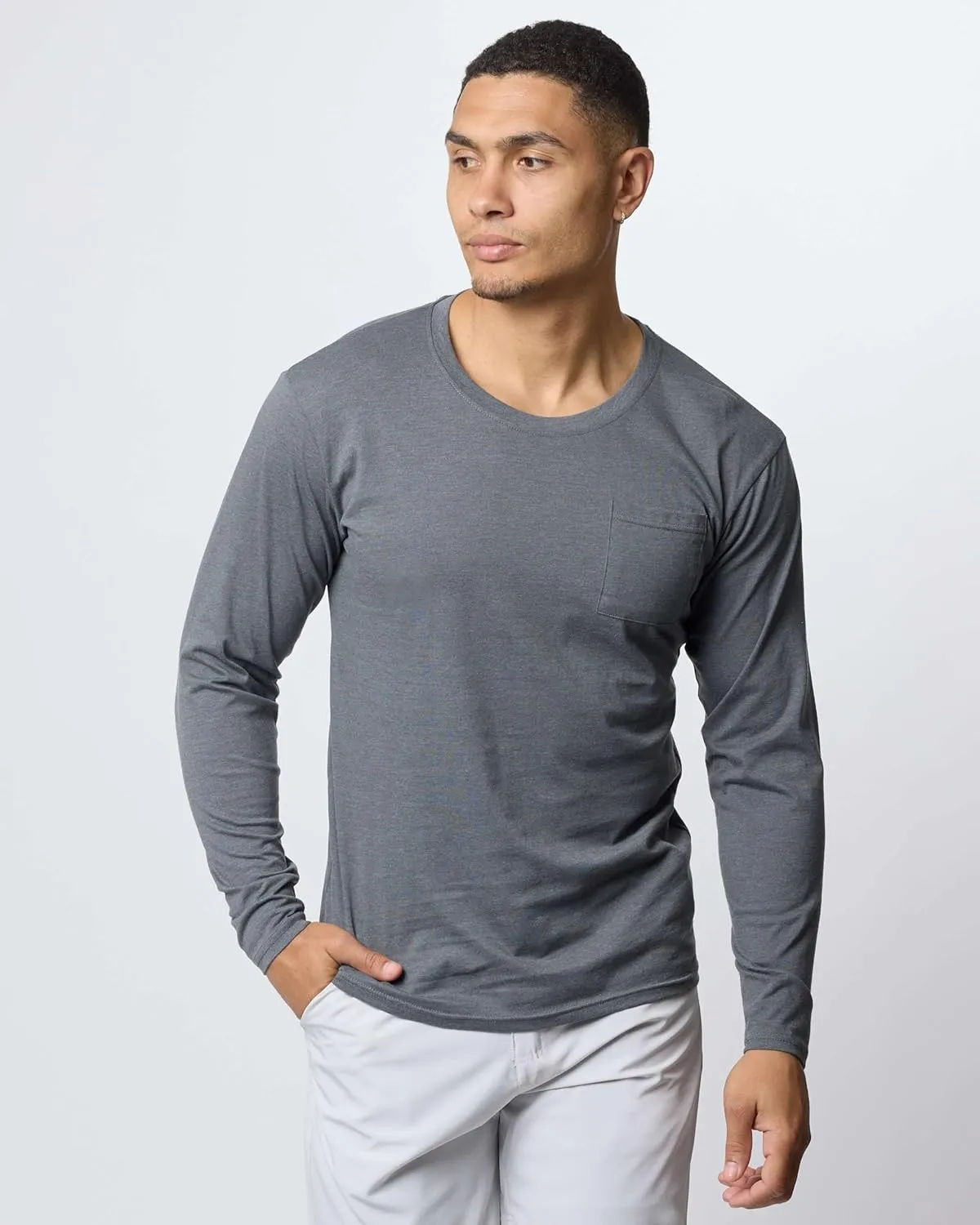 Real Essentials 3 Pack: Men's Cotton Performance Long Sleeve Crew Neck Pocket T-Shirt Athletic Top (Available in Big & Tall)