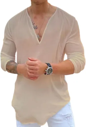 Rela Bota Mens Hawaiian V-Neck Shirt Solid Hippie Shirts Yoga Henley Shirt Beach Wear