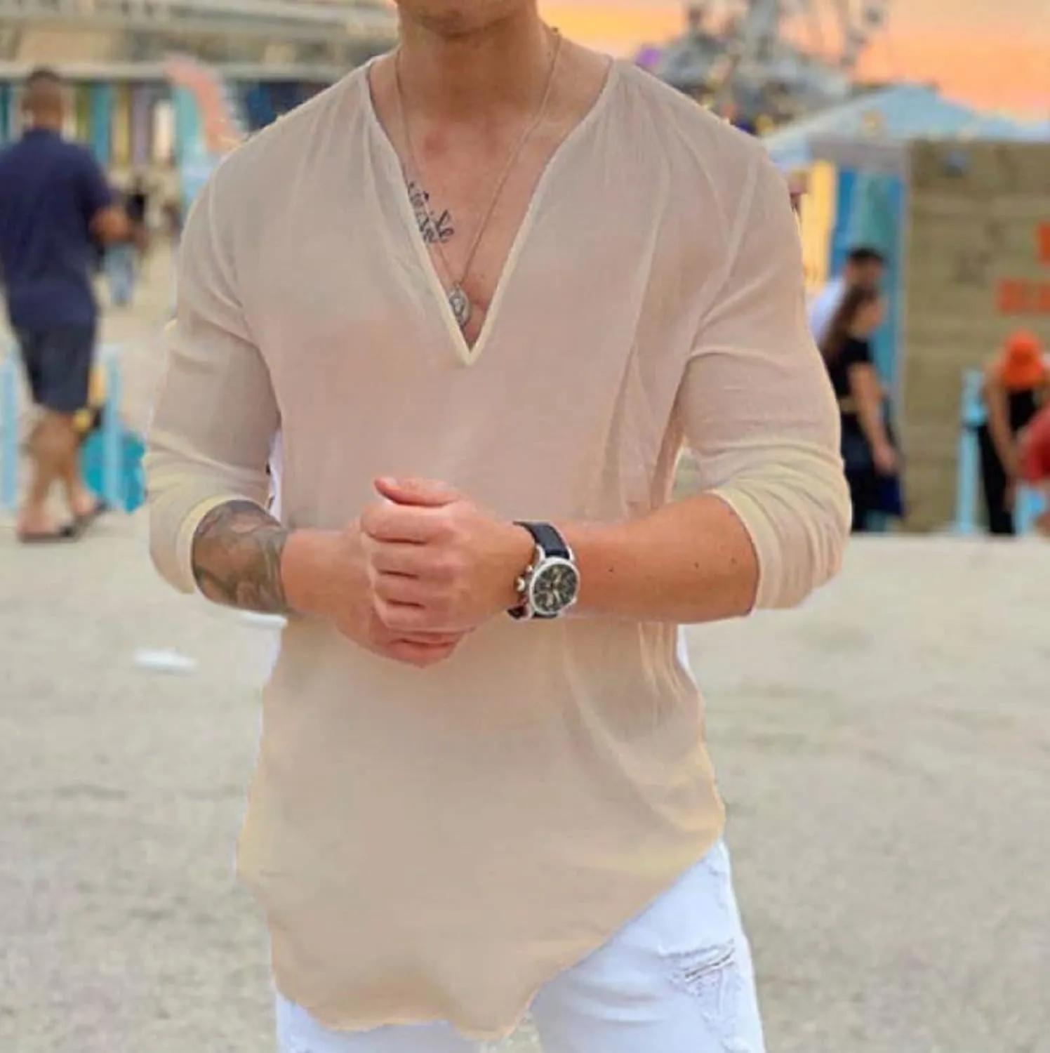 Rela Bota Mens Hawaiian V-Neck Shirt Solid Hippie Shirts Yoga Henley Shirt Beach Wear