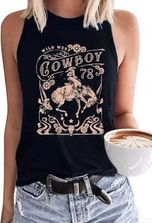 Retro Western Cowboy Rodeo Tank Tops for Women Vintage Country Tank Shirt Summer Sleeveless Casual Cowgirl Tank Tee
