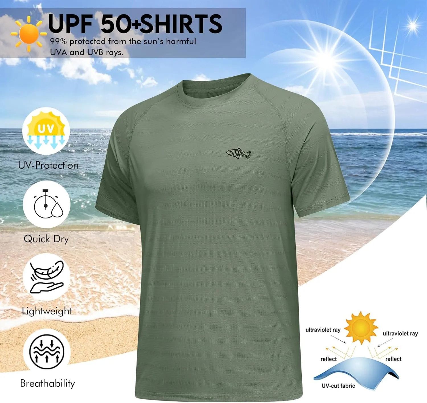 Riverruns UPF 50  UV Sun Protection Fishing Shirt Breathable Quick Dry Swim Shirt Rash Guard Water Beach T-Shirt for Men