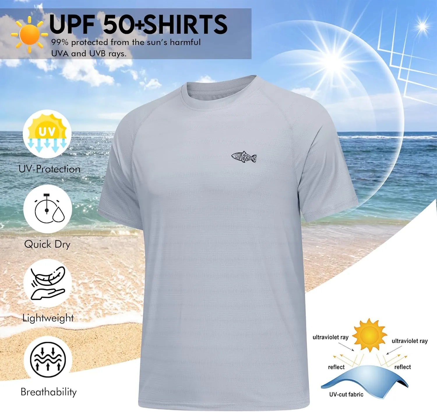 Riverruns UPF 50  UV Sun Protection Fishing Shirt Breathable Quick Dry Swim Shirt Rash Guard Water Beach T-Shirt for Men