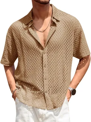 Runcati Mens Button Down Shirt Knit Crochet Hollow Out Short Sleeve Sweater Casual Summer Tops