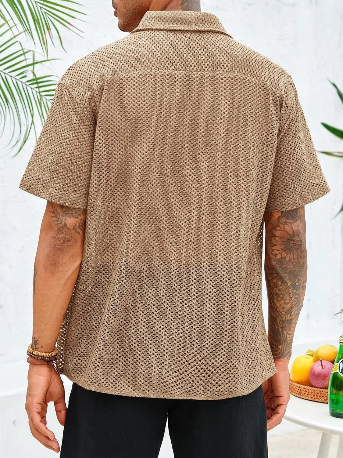Runcati Mens Button Down Shirt Knit Crochet Hollow Out Short Sleeve Sweater Casual Summer Tops