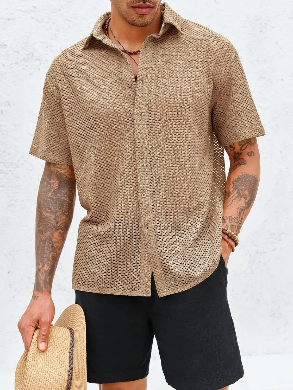 Runcati Mens Button Down Shirt Knit Crochet Hollow Out Short Sleeve Sweater Casual Summer Tops