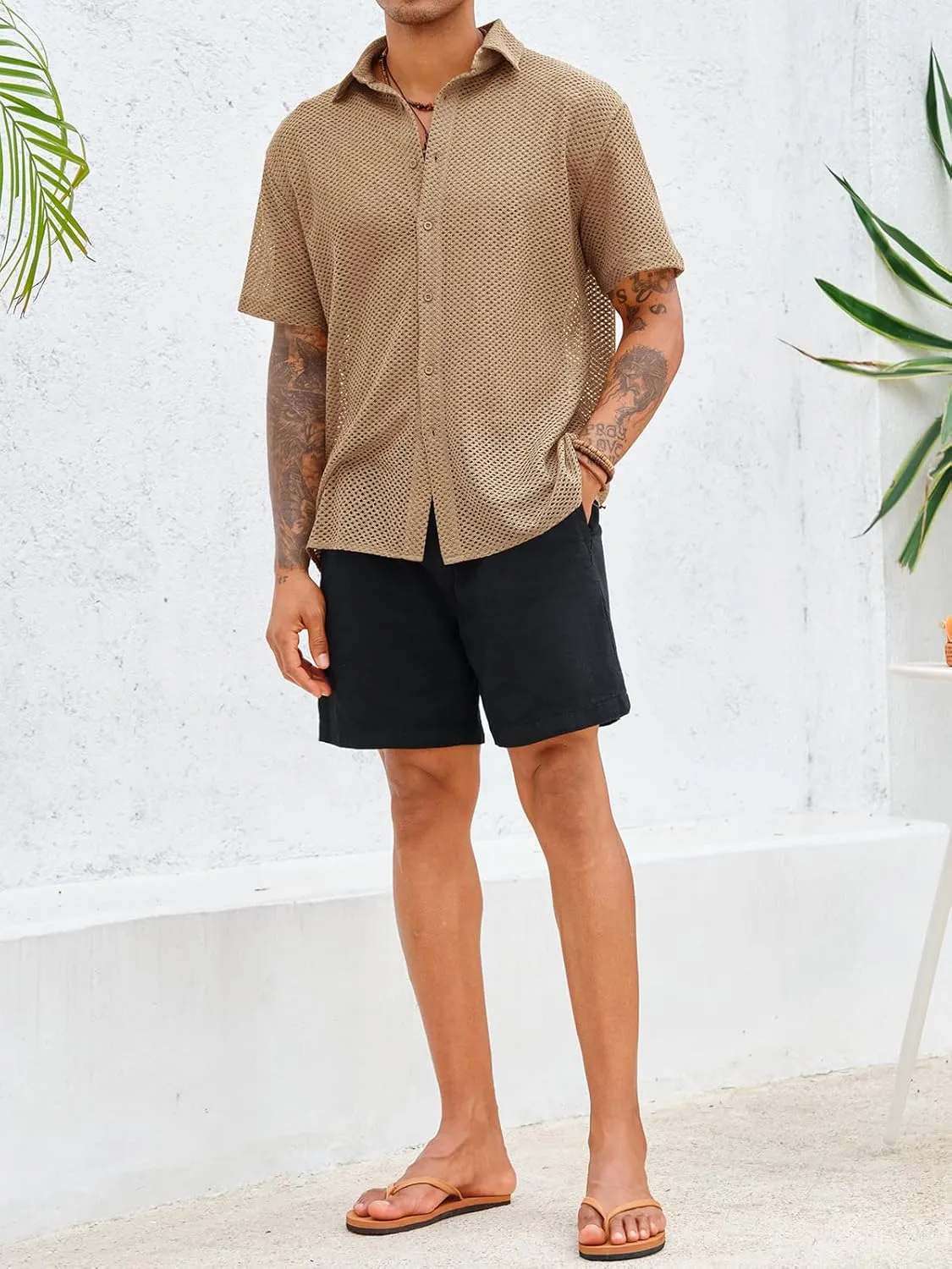 Runcati Mens Button Down Shirt Knit Crochet Hollow Out Short Sleeve Sweater Casual Summer Tops