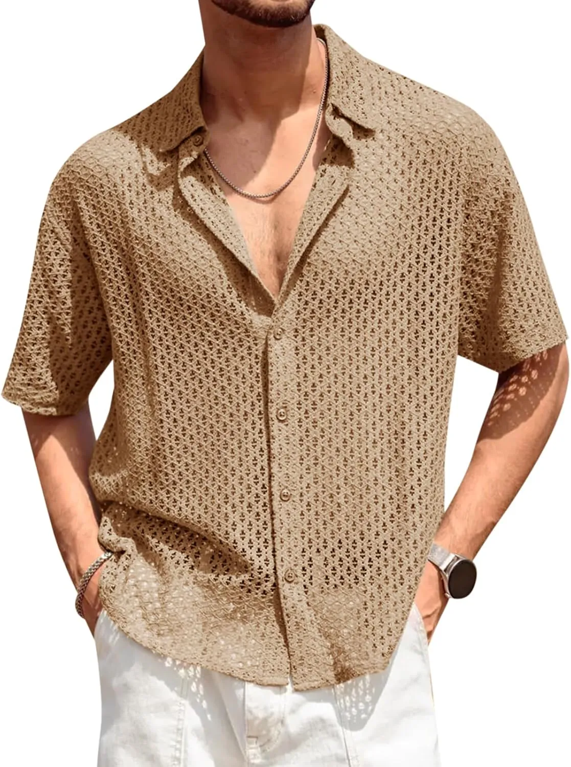 Runcati Mens Button Down Shirt Knit Crochet Hollow Out Short Sleeve Sweater Casual Summer Tops
