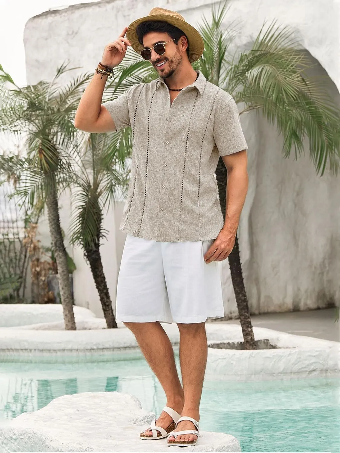 Runcati Mens Cuban Guayabera Shirts Short Sleeve Button Down Linen Shirt Mexican Casual Beach Summer Tops
