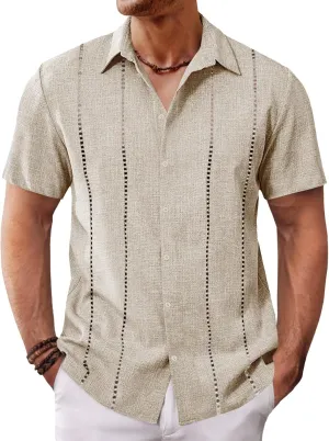 Runcati Mens Cuban Guayabera Shirts Short Sleeve Button Down Linen Shirt Mexican Casual Beach Summer Tops