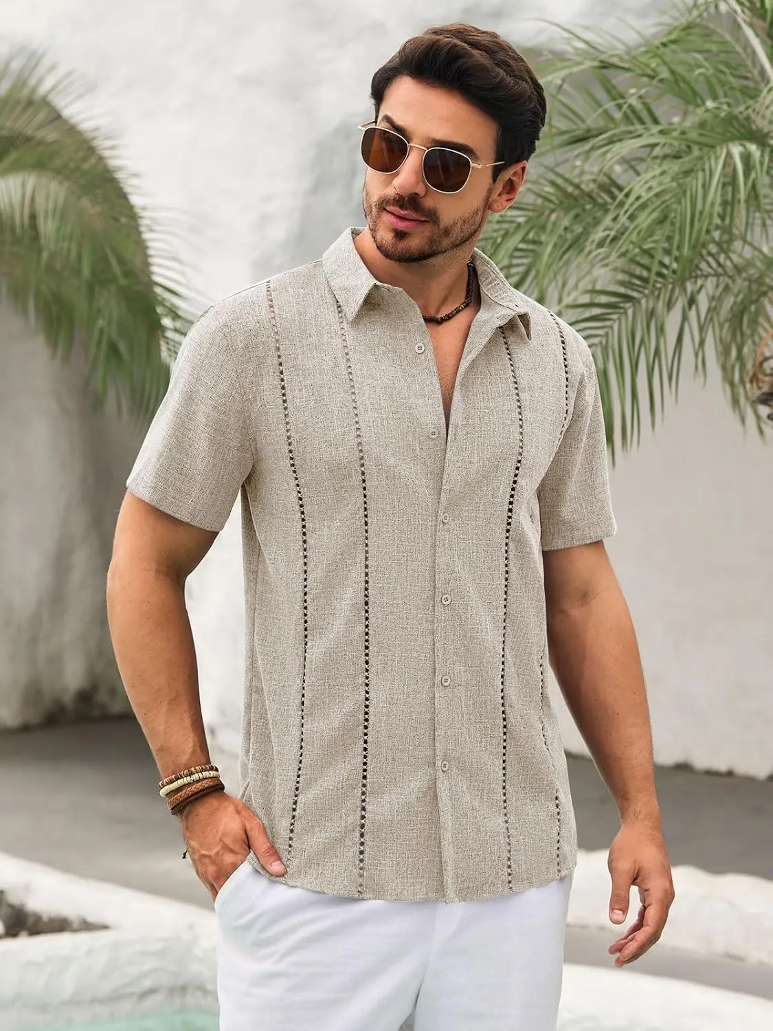 Runcati Mens Cuban Guayabera Shirts Short Sleeve Button Down Linen Shirt Mexican Casual Beach Summer Tops