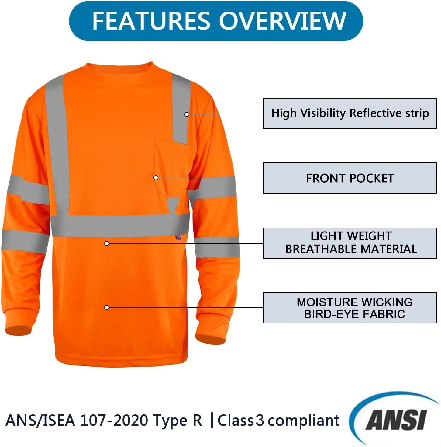 Safety Shirt Long Sleeve High Visibility Reflective Breathable T Shirt for Work Warehouse Construction Class 3