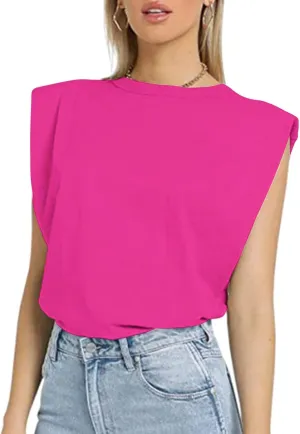 SAFRISIOR Women Loose Solid Shoulder Pads Sleeveless T-Shirt Casual Cotton Round Neck Tank Tee Top