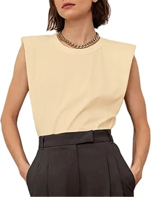 SAFRISIOR Women Loose Solid Shoulder Pads Sleeveless T-Shirt Casual Cotton Round Neck Tank Tee Top