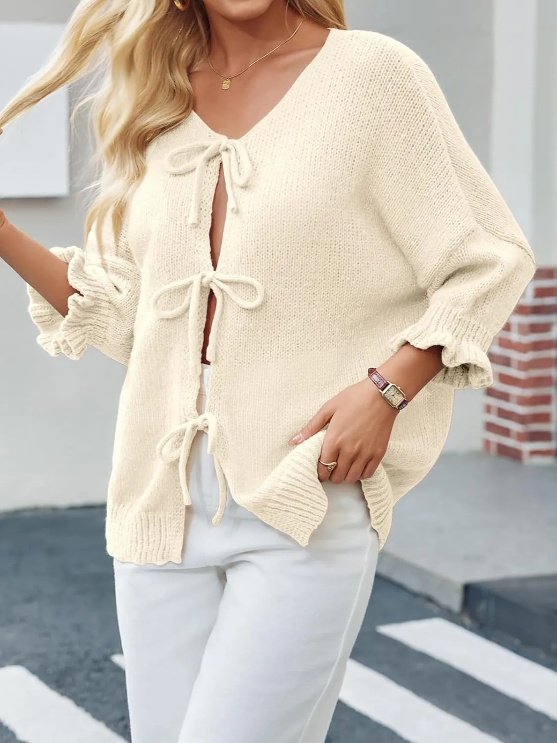 Saodimallsu Womens Tie Front Bow Cardigan Sweaters Lightweight Knit Ruffle Half Sleeve 2025 Trendy Jacket