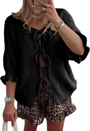 Saodimallsu Womens Tie Front Bow Cardigan Sweaters Lightweight Knit Ruffle Half Sleeve 2025 Trendy Jacket