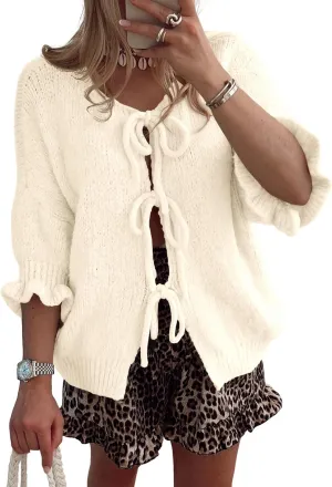 Saodimallsu Womens Tie Front Bow Cardigan Sweaters Lightweight Knit Ruffle Half Sleeve 2025 Trendy Jacket