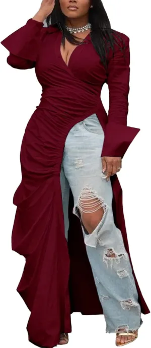 Seltaon Sexy Shirt Dresses for Women High Low Asymmetrical Tops Long Sleeve T Shirt Dress