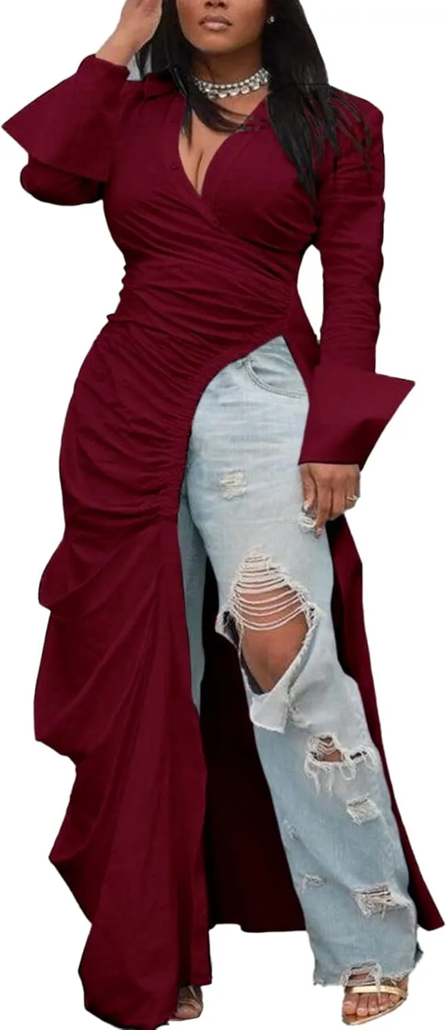 Seltaon Sexy Shirt Dresses for Women High Low Asymmetrical Tops Long Sleeve T Shirt Dress