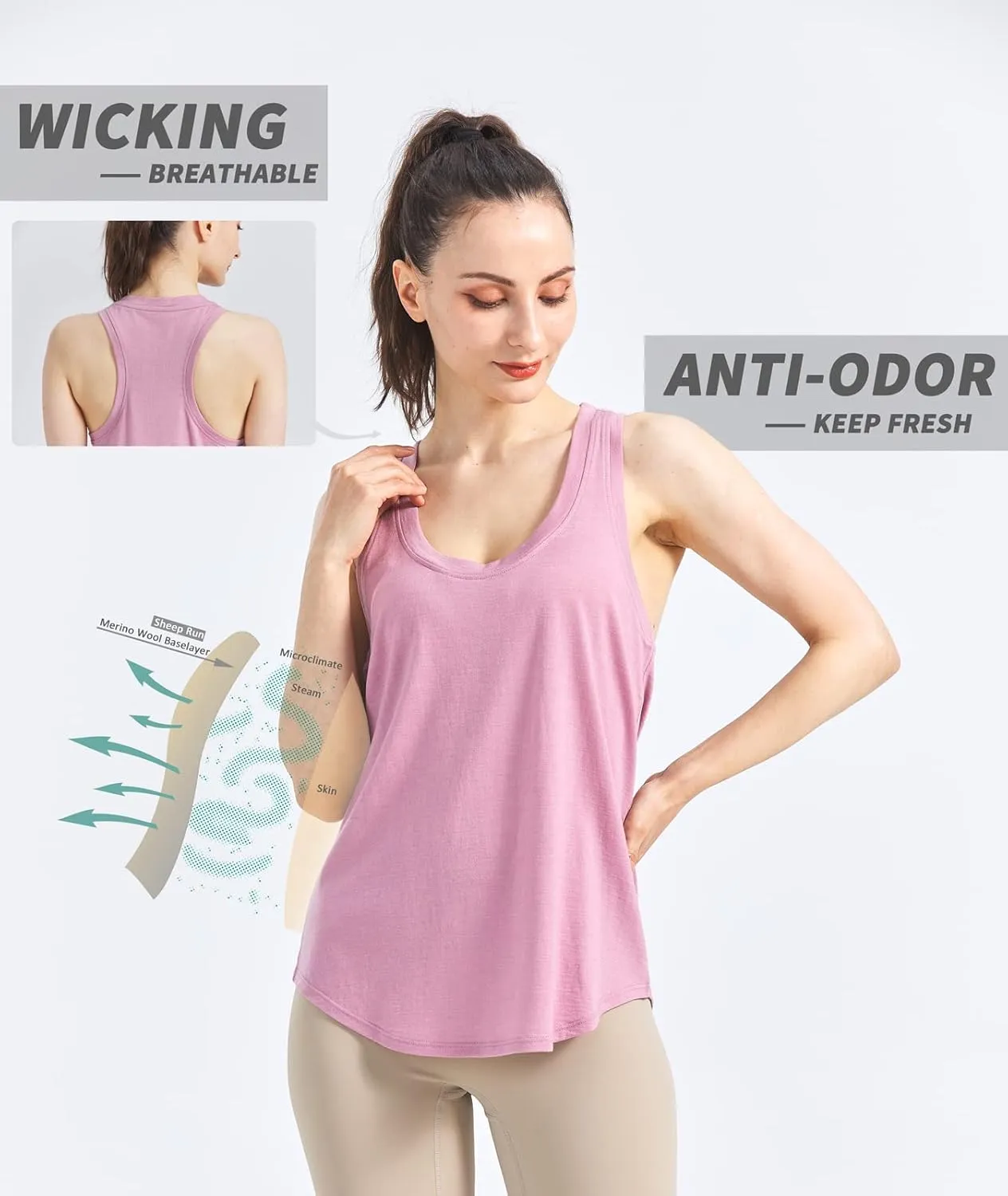 SHEEP RUN Merino Wool Camisole Racerback Tank Top Yoga Shirt Wicking Breathable Light-Weight Shirt