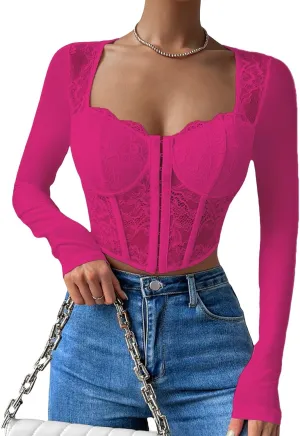 SHENHE Women's Lace Top Sheer Mesh Long Sleeve Asymmetrical Hem Sexy T Shirt Bustier Crop Tops