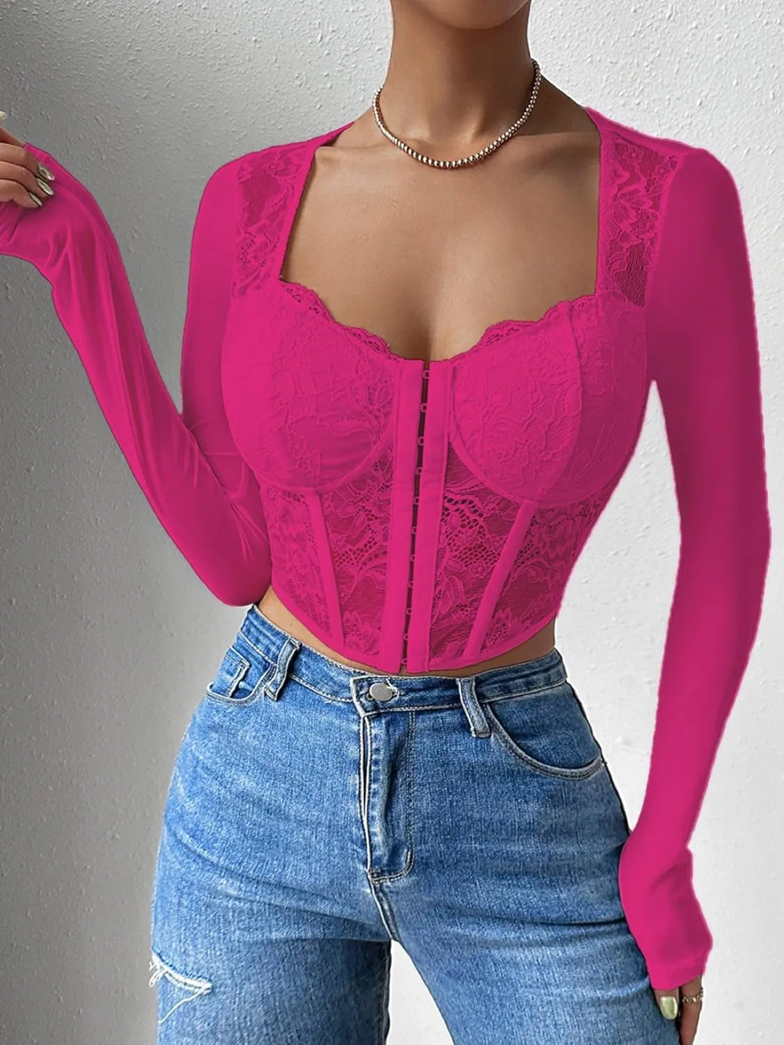 SHENHE Women's Lace Top Sheer Mesh Long Sleeve Asymmetrical Hem Sexy T Shirt Bustier Crop Tops