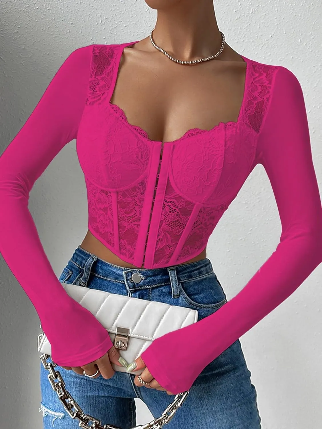 SHENHE Women's Lace Top Sheer Mesh Long Sleeve Asymmetrical Hem Sexy T Shirt Bustier Crop Tops