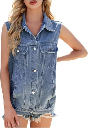 Sleeveless Denim Tank Tops for Women Lapel V-Neck T Shirts Loose Fit Basic Blouses Summer Vest 2025 Casual Camisole