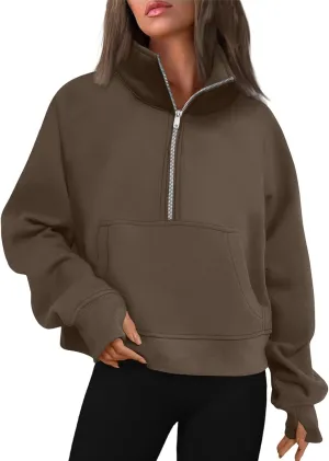 slqdgmryz Half Zip Pullover Women Cropped Fleece Oversized Sweatshirt Cute Pocket 1/2 Zipped Y2k Hoodie with Thumb Holes