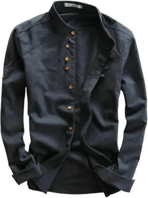 Soulona Men's Katana Japan Style Shirt, Premium Linen & Cotton Blend Craftsmanship, V-Neck, Long Sleeve, Grey, S-5XL
