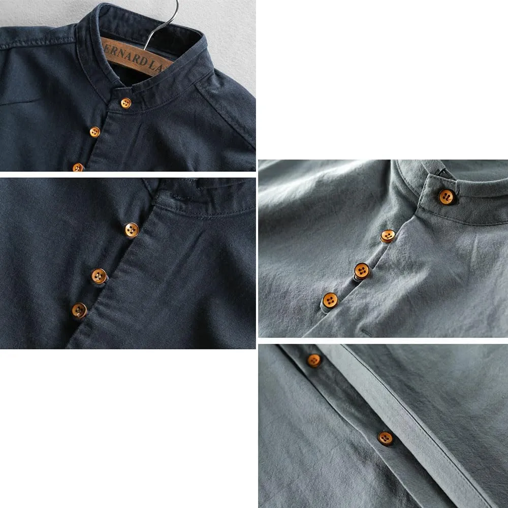 Soulona Men's Katana Japan Style Shirt, Premium Linen & Cotton Blend Craftsmanship, V-Neck, Long Sleeve, Grey, S-5XL