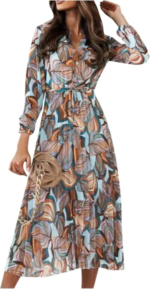 Spanish Style Dress for Women Banded Collar Pleated Midi Dress Button Up Long Sleeve with Belt