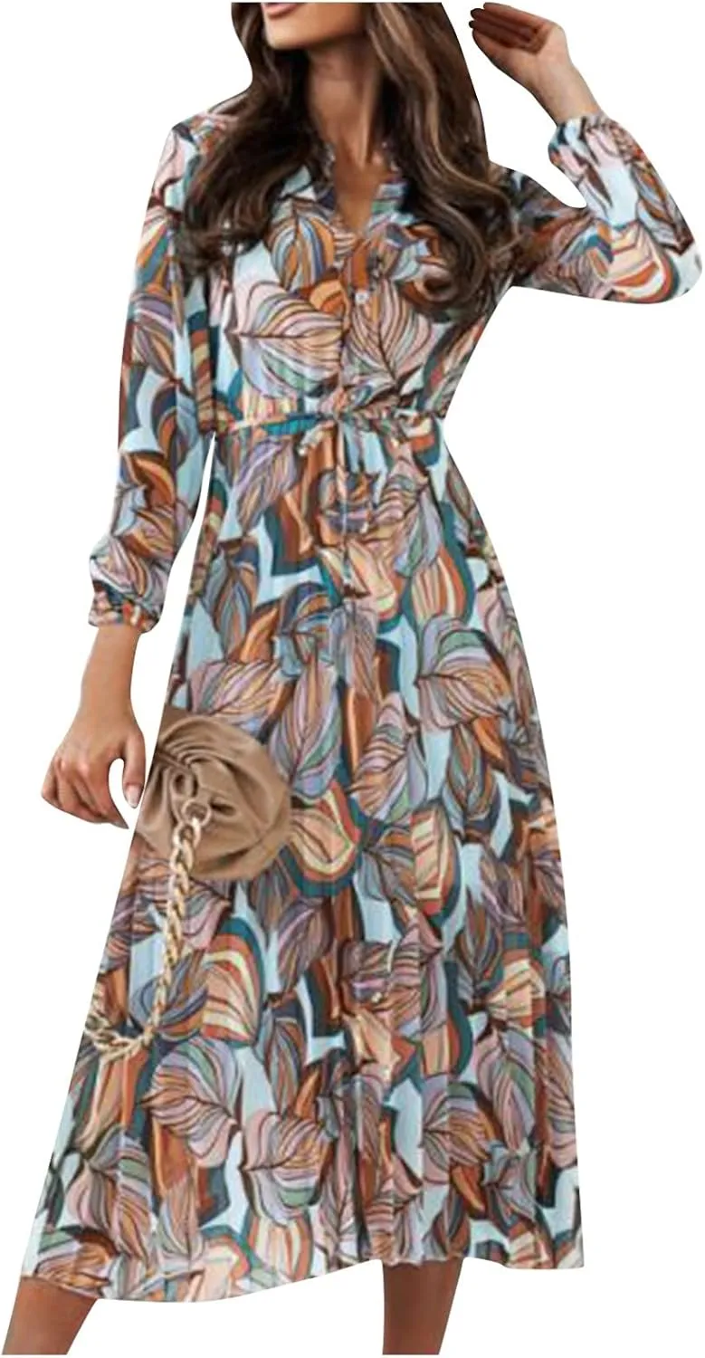 Spanish Style Dress for Women Banded Collar Pleated Midi Dress Button Up Long Sleeve with Belt