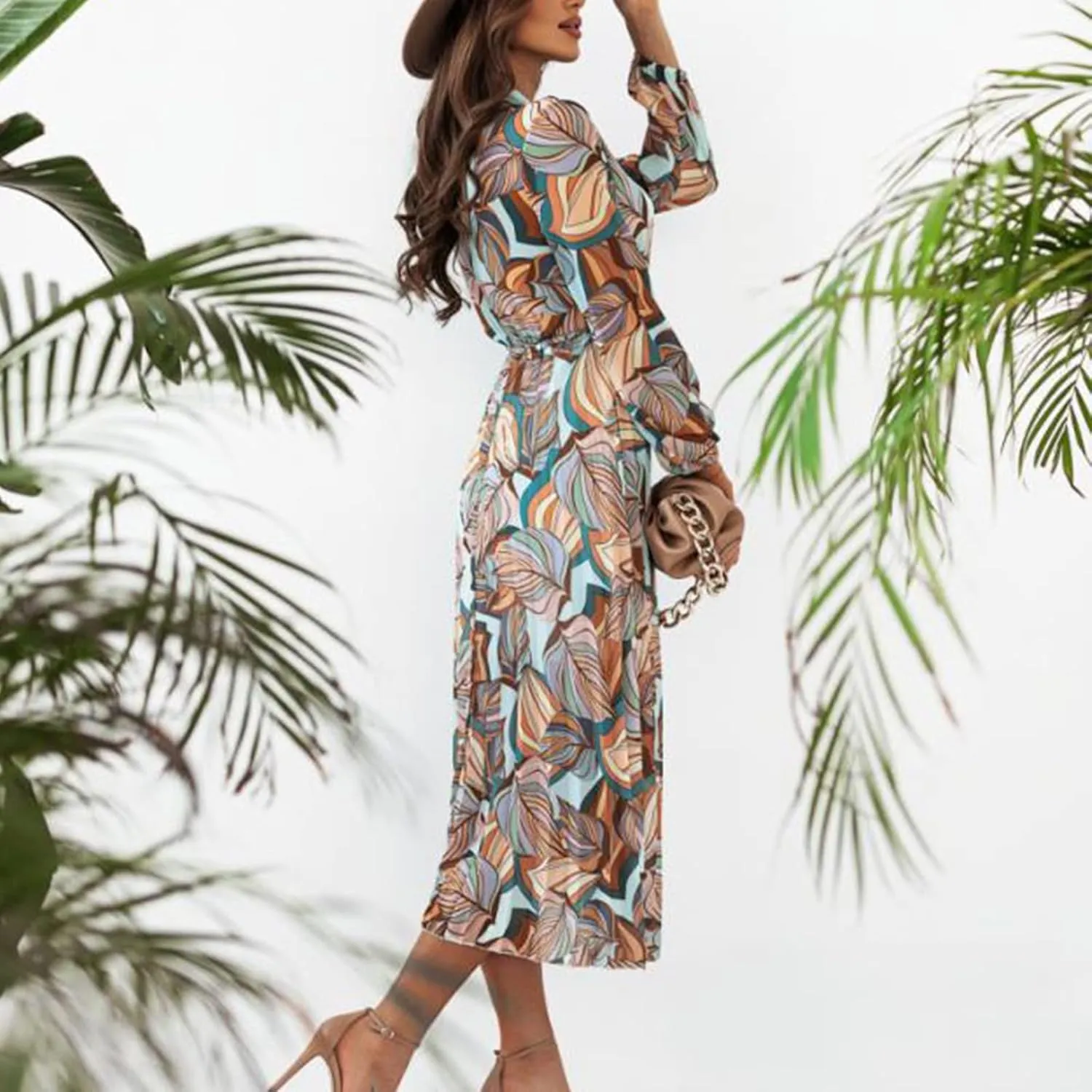 Spanish Style Dress for Women Banded Collar Pleated Midi Dress Button Up Long Sleeve with Belt