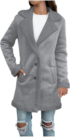 Suede Trench Coat Women Long Fleece Lined Coat Single Breasted Pea Coat Notch Lapel Jacket Fashion Winter Coats
