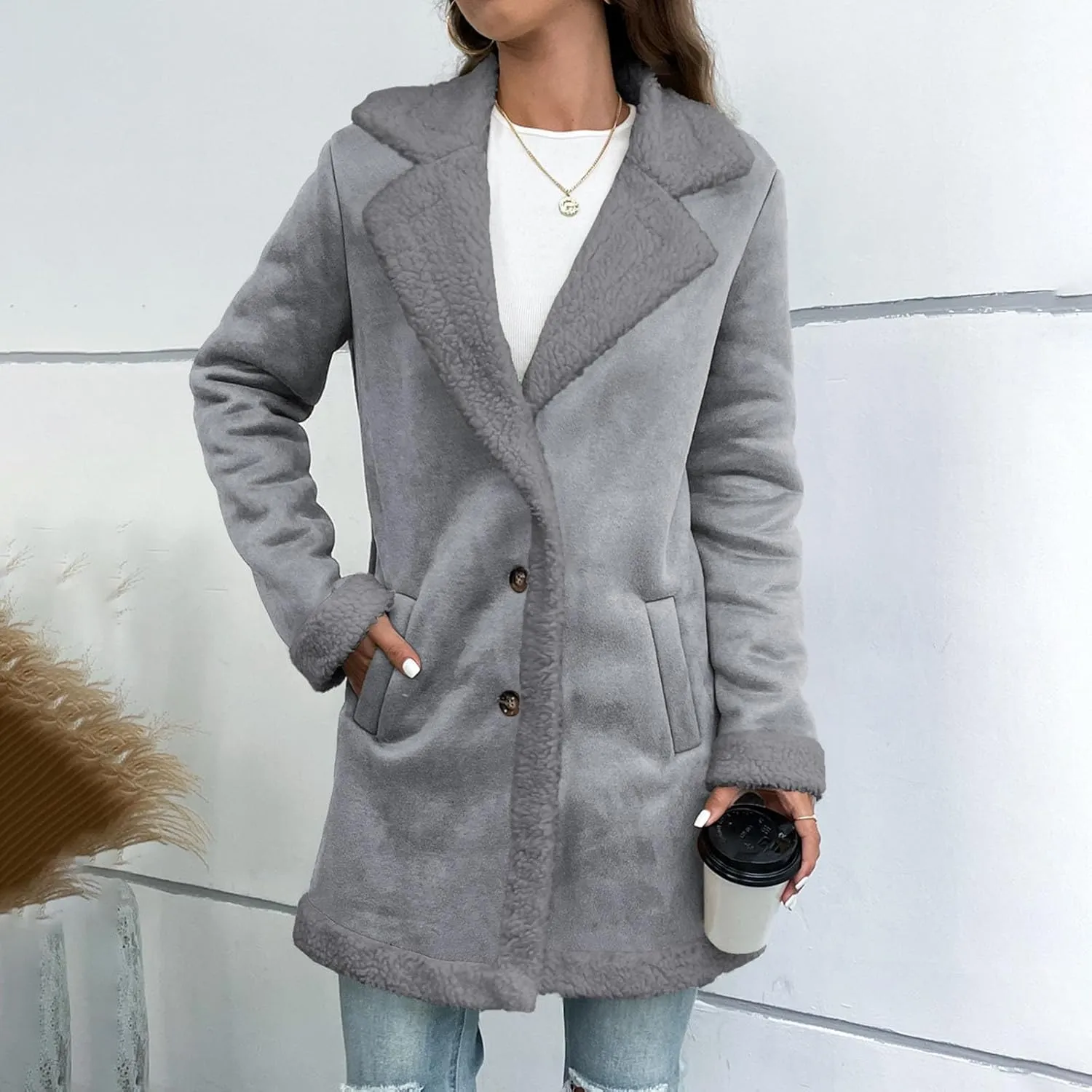 Suede Trench Coat Women Long Fleece Lined Coat Single Breasted Pea Coat Notch Lapel Jacket Fashion Winter Coats