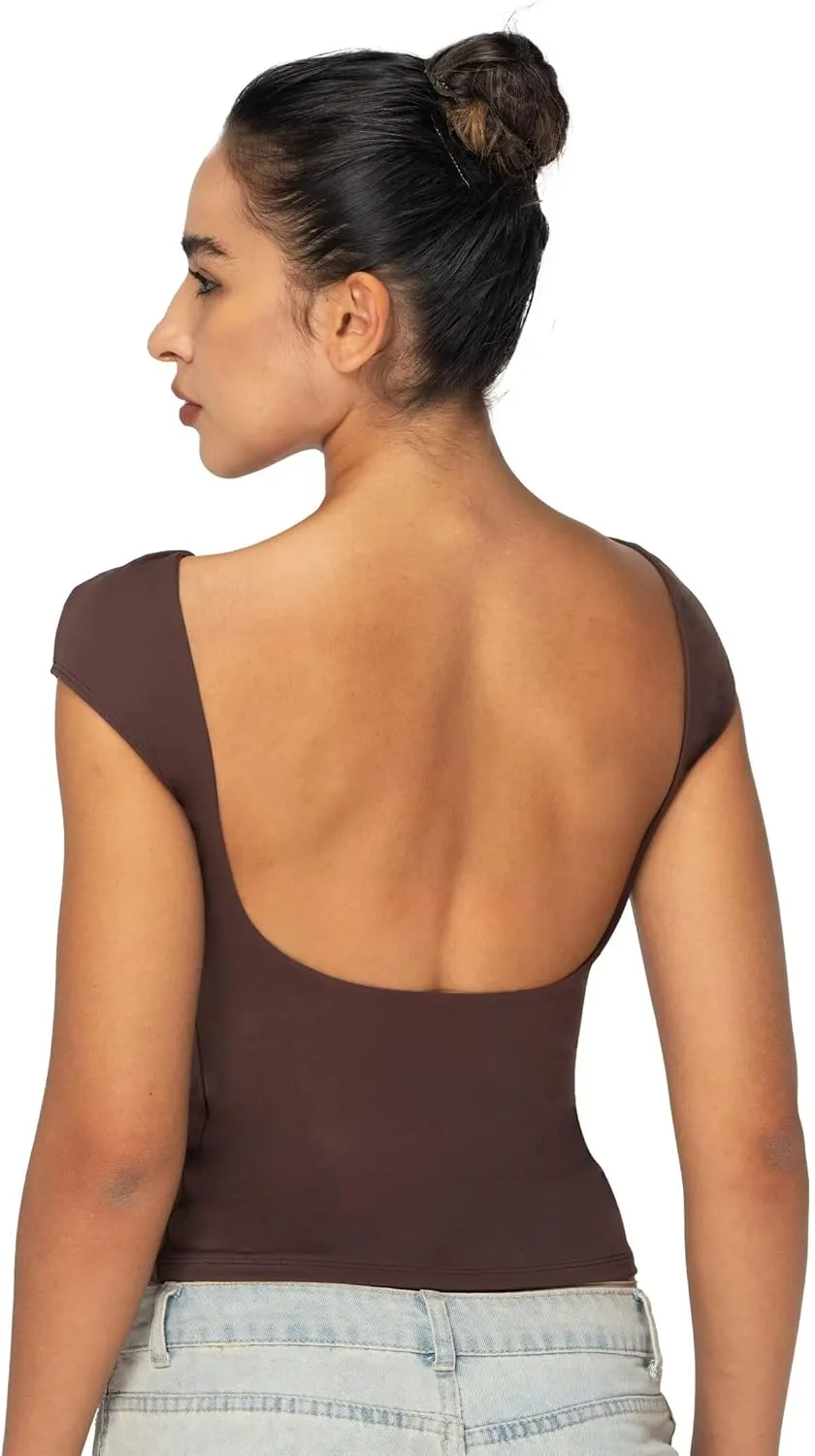 Sunzel Open Back Tops for Women Sexy Going Out Top Double Lined Backless Shirt Y2K Crop Basic Tee Shirts for Casual Workout
