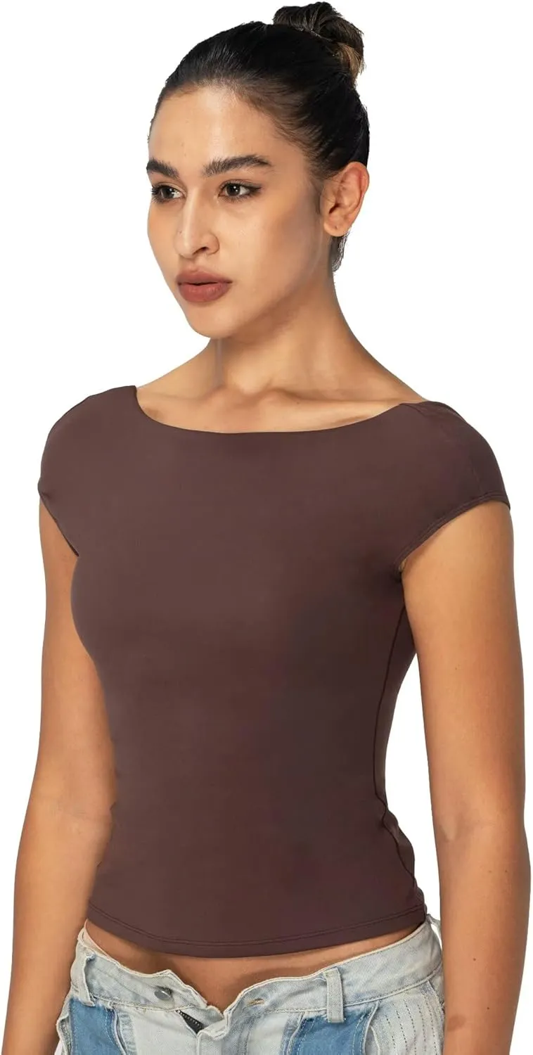 Sunzel Open Back Tops for Women Sexy Going Out Top Double Lined Backless Shirt Y2K Crop Basic Tee Shirts for Casual Workout