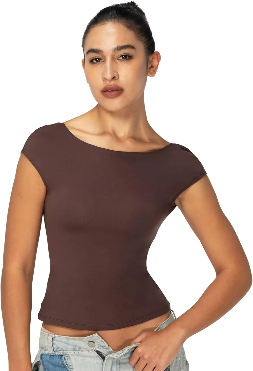 Sunzel Open Back Tops for Women Sexy Going Out Top Double Lined Backless Shirt Y2K Crop Basic Tee Shirts for Casual Workout