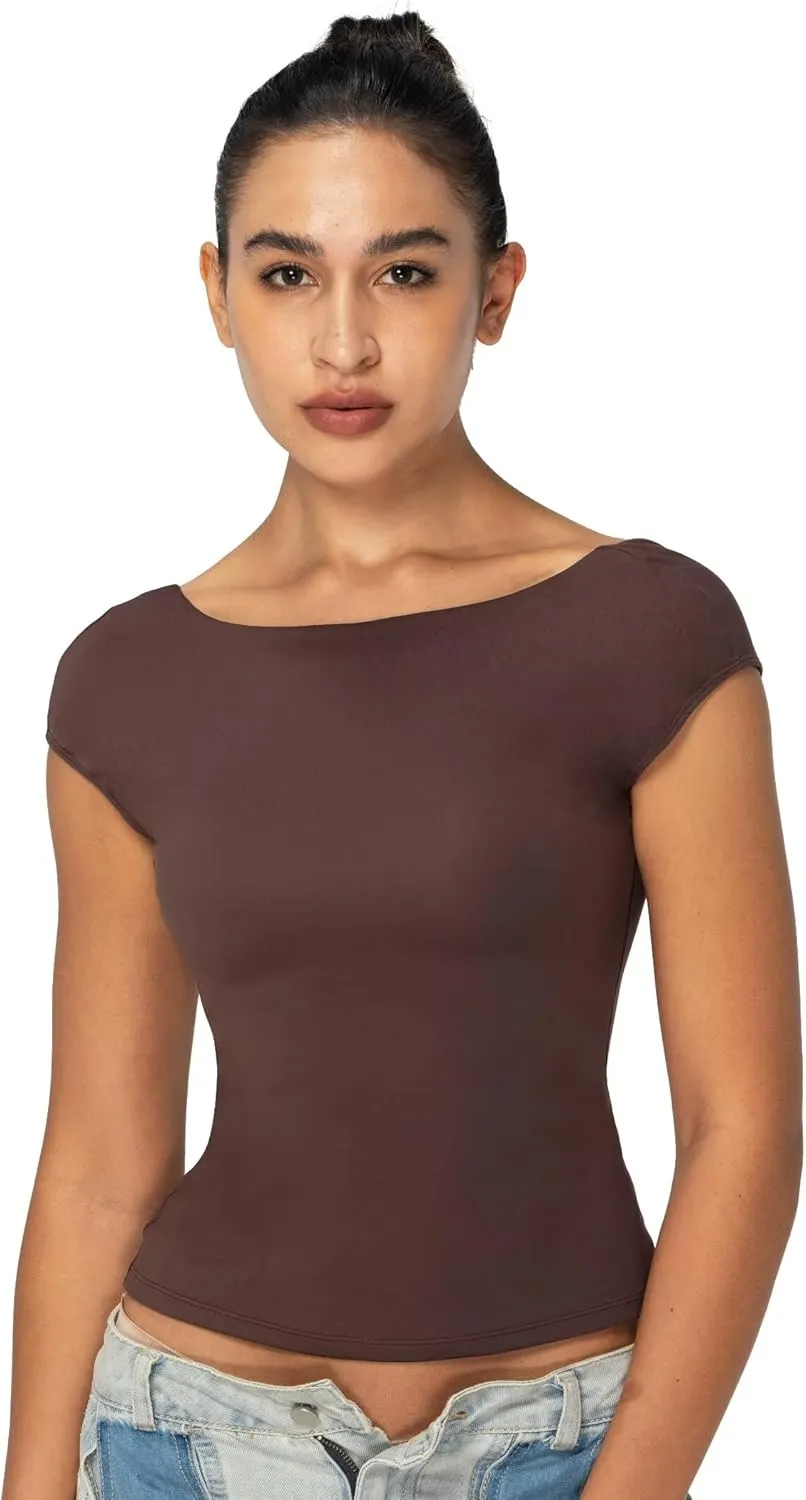 Sunzel Open Back Tops for Women Sexy Going Out Top Double Lined Backless Shirt Y2K Crop Basic Tee Shirts for Casual Workout