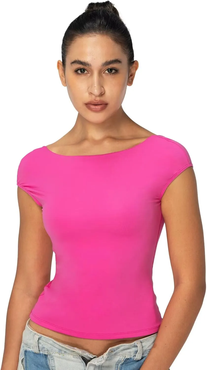Sunzel Open Back Tops for Women Sexy Going Out Top Double Lined Backless Shirt Y2K Crop Basic Tee Shirts for Casual Workout