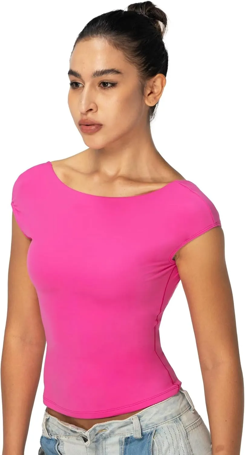 Sunzel Open Back Tops for Women Sexy Going Out Top Double Lined Backless Shirt Y2K Crop Basic Tee Shirts for Casual Workout