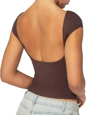 Sunzel Open Back Tops for Women Sexy Going Out Top Double Lined Backless Shirt Y2K Crop Basic Tee Shirts for Casual Workout