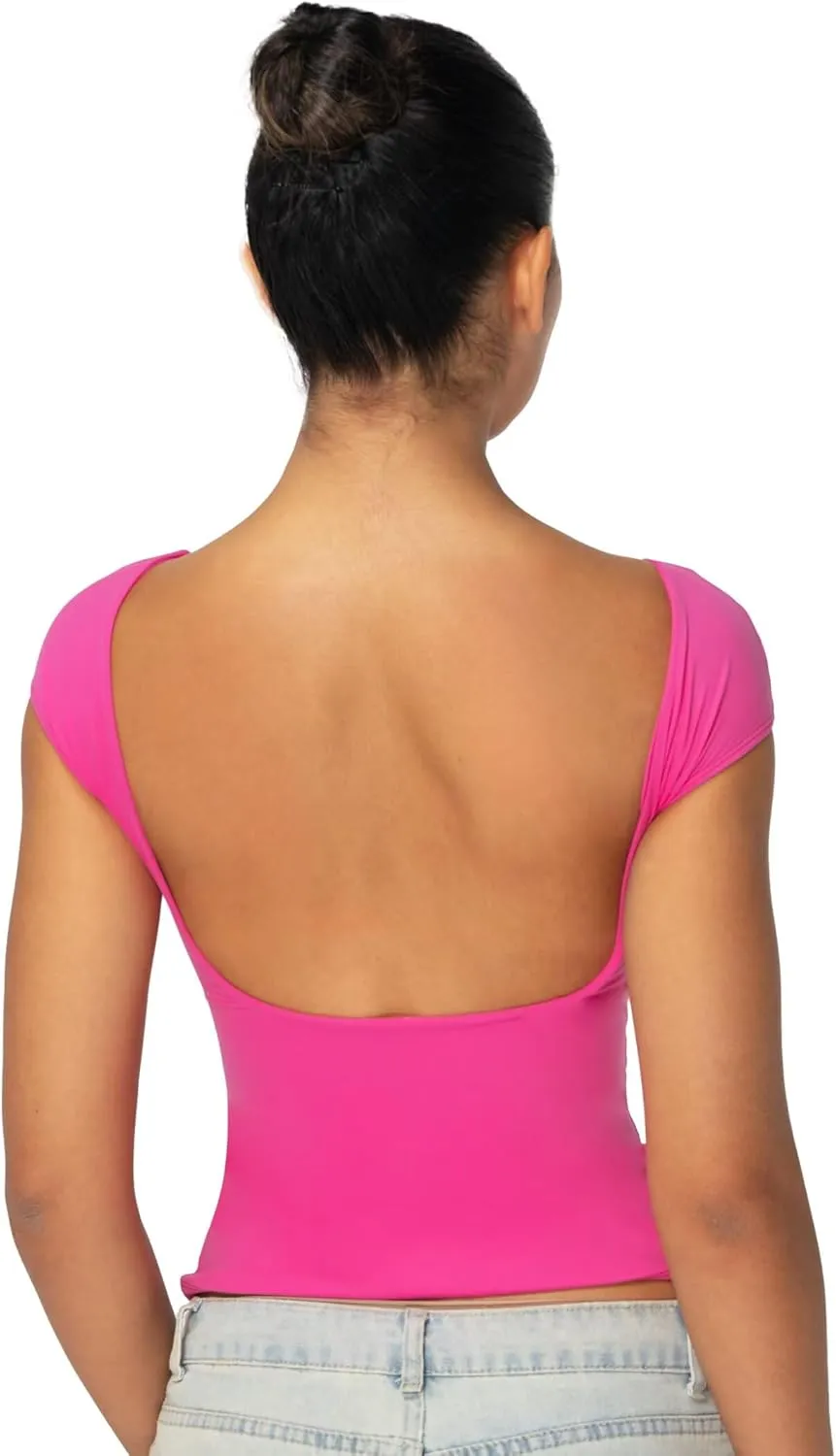 Sunzel Open Back Tops for Women Sexy Going Out Top Double Lined Backless Shirt Y2K Crop Basic Tee Shirts for Casual Workout