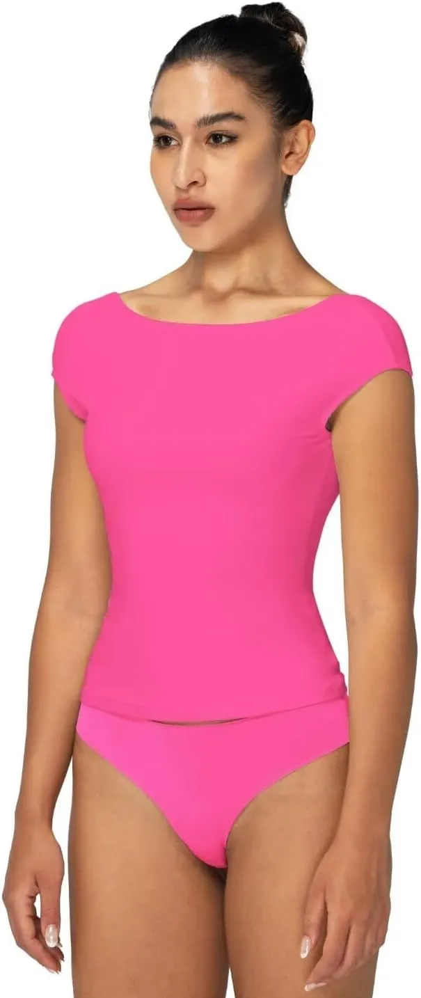 Sunzel Open Back Tops for Women Sexy Going Out Top Double Lined Backless Shirt Y2K Crop Basic Tee Shirts for Casual Workout