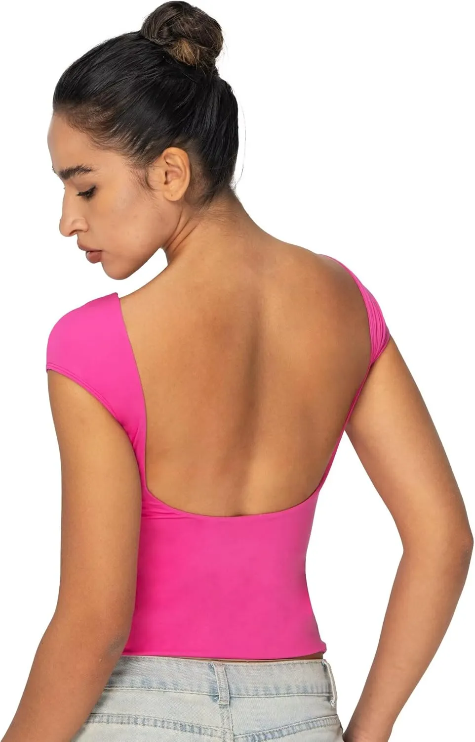 Sunzel Open Back Tops for Women Sexy Going Out Top Double Lined Backless Shirt Y2K Crop Basic Tee Shirts for Casual Workout