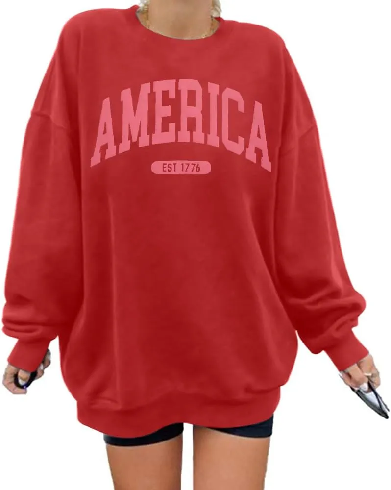 SUPEYA American Sweatshirt Women USA Oversized Shirt Patriotic TShirt Casual Long Sleeve Pullover 4th of July Tee Tops
