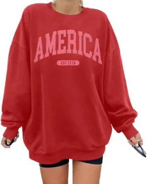 SUPEYA American Sweatshirt Women USA Oversized Shirt Patriotic TShirt Casual Long Sleeve Pullover 4th of July Tee Tops