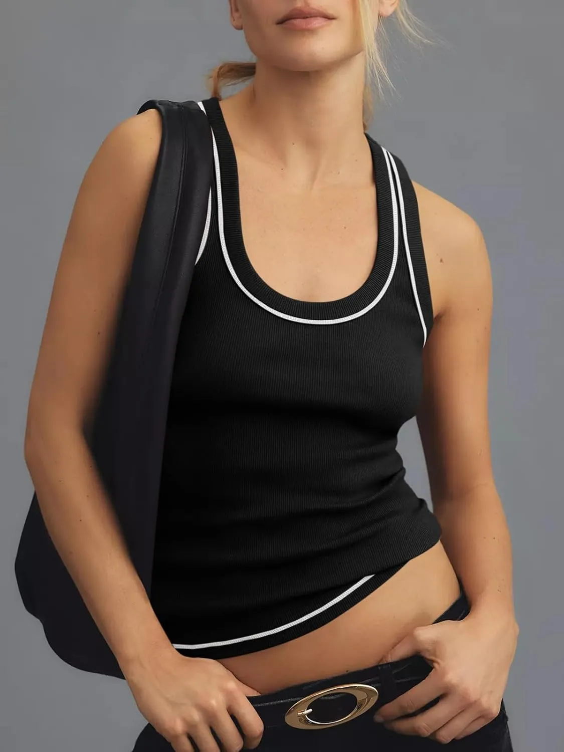 Tankaneo Womens Summer Ribbed Tank Top Casual Ringer Scoop Neck Sleeveless Knit Fitted Tops Going Out Tee Shirts